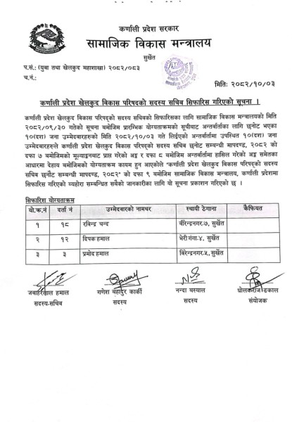 कर्णाली प्रदेश खेलकुद विकास परिषद्को सदस्य सचिवमा रविन्द्रसहित तीन जनाको नाम सिफारिस