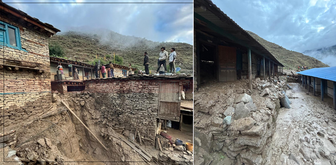 डोल्पाको रिवा गाउँमा लेदोसहितको भीषण पहिरो, ८ घर  पुरिए, दर्जनौं घरमा क्षति